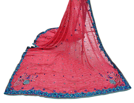 Indian Vintage Dupatta Pink Long Stole Pure Georgette Silk Hand Embroidered Scarves Veil Hijab Floral Zari Dabka Zardozi