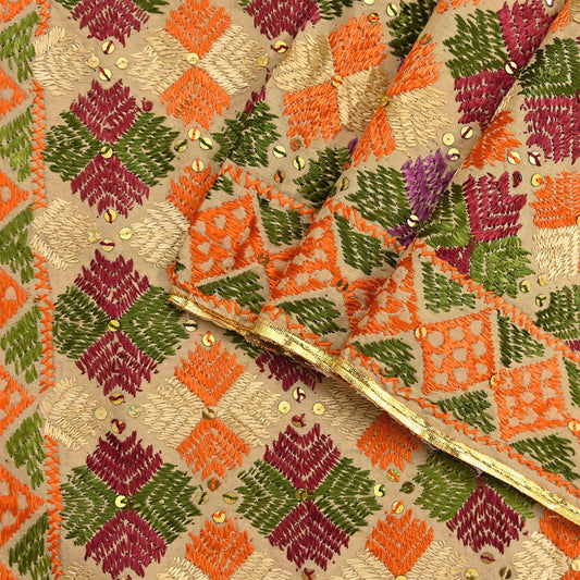 Indian Vintage Dupatta beige pure cotton Long Stole Hand Embroidered Bagh Phulkari Stole Scarves Fringes Party wear