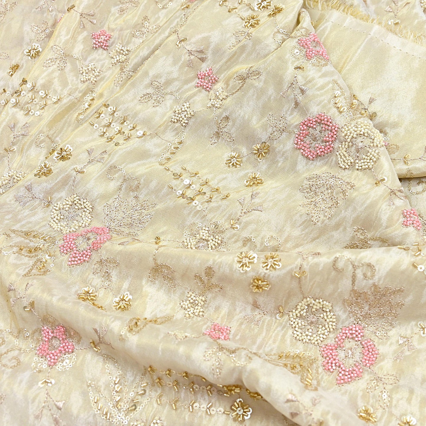 Indian new Ivory Gold Chanderi silk Embroidered Design Fabric glass beaded zari sequins Crafting Quilting Dress making Crafting