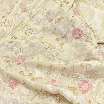 Indian new Ivory Gold Chanderi silk Embroidered Design Fabric glass beaded zari sequins Crafting Quilting Dress making Crafting