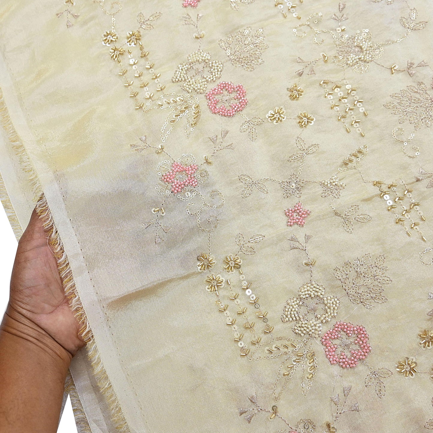 Indian new Ivory Gold Chanderi silk Embroidered Design Fabric glass beaded zari sequins Crafting Quilting Dress making Crafting