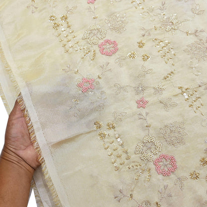 Indian new Ivory Gold Chanderi silk Embroidered Design Fabric glass beaded zari sequins Crafting Quilting Dress making Crafting