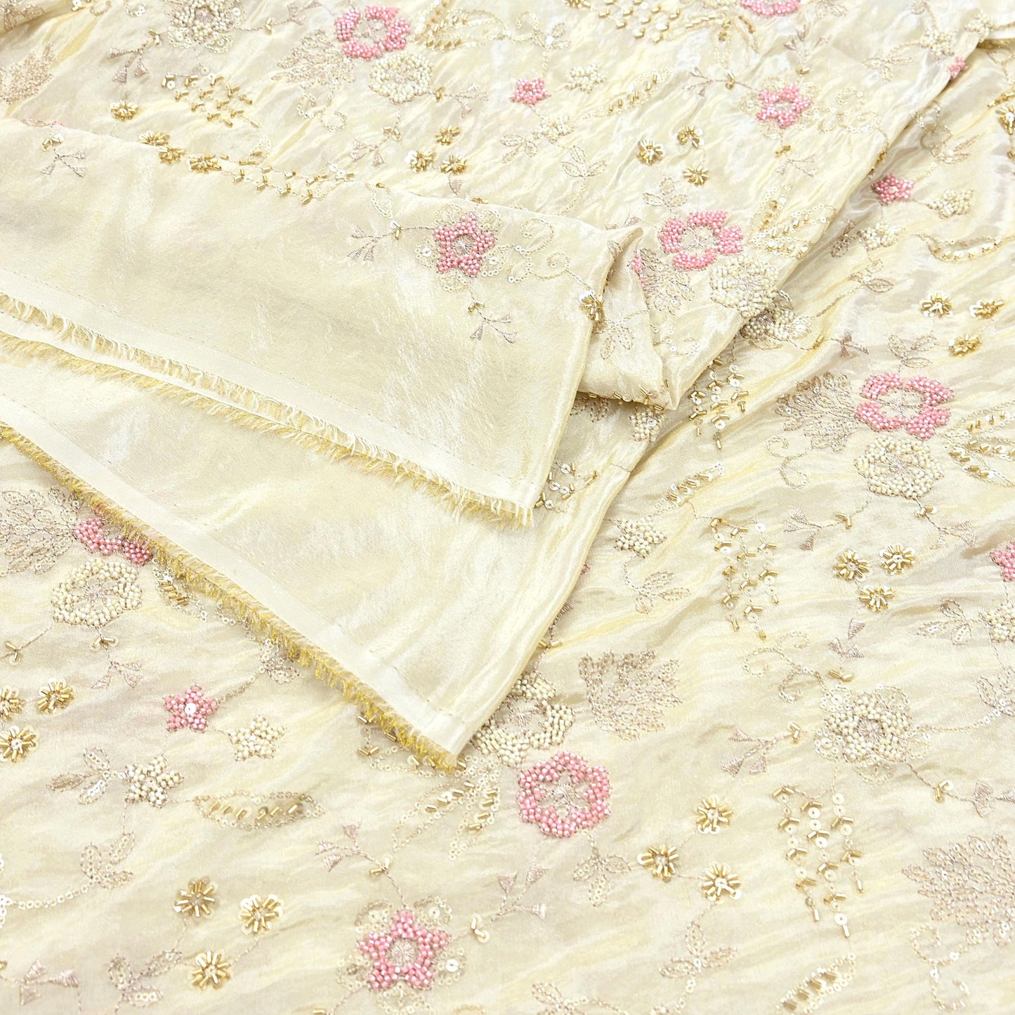 Indian new Ivory Gold Chanderi silk Embroidered Design Fabric glass beaded zari sequins Crafting Quilting Dress making Crafting