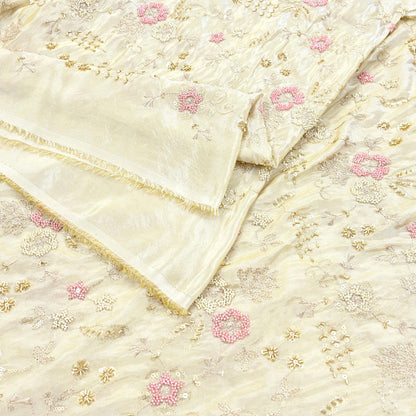 Indian new Ivory Gold Chanderi silk Embroidered Design Fabric glass beaded zari sequins Crafting Quilting Dress making Crafting