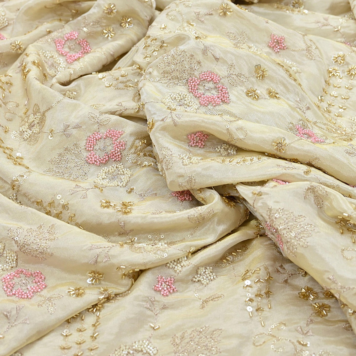 Indian new Ivory Gold Chanderi silk Embroidered Design Fabric glass beaded zari sequins Crafting Quilting Dress making Crafting
