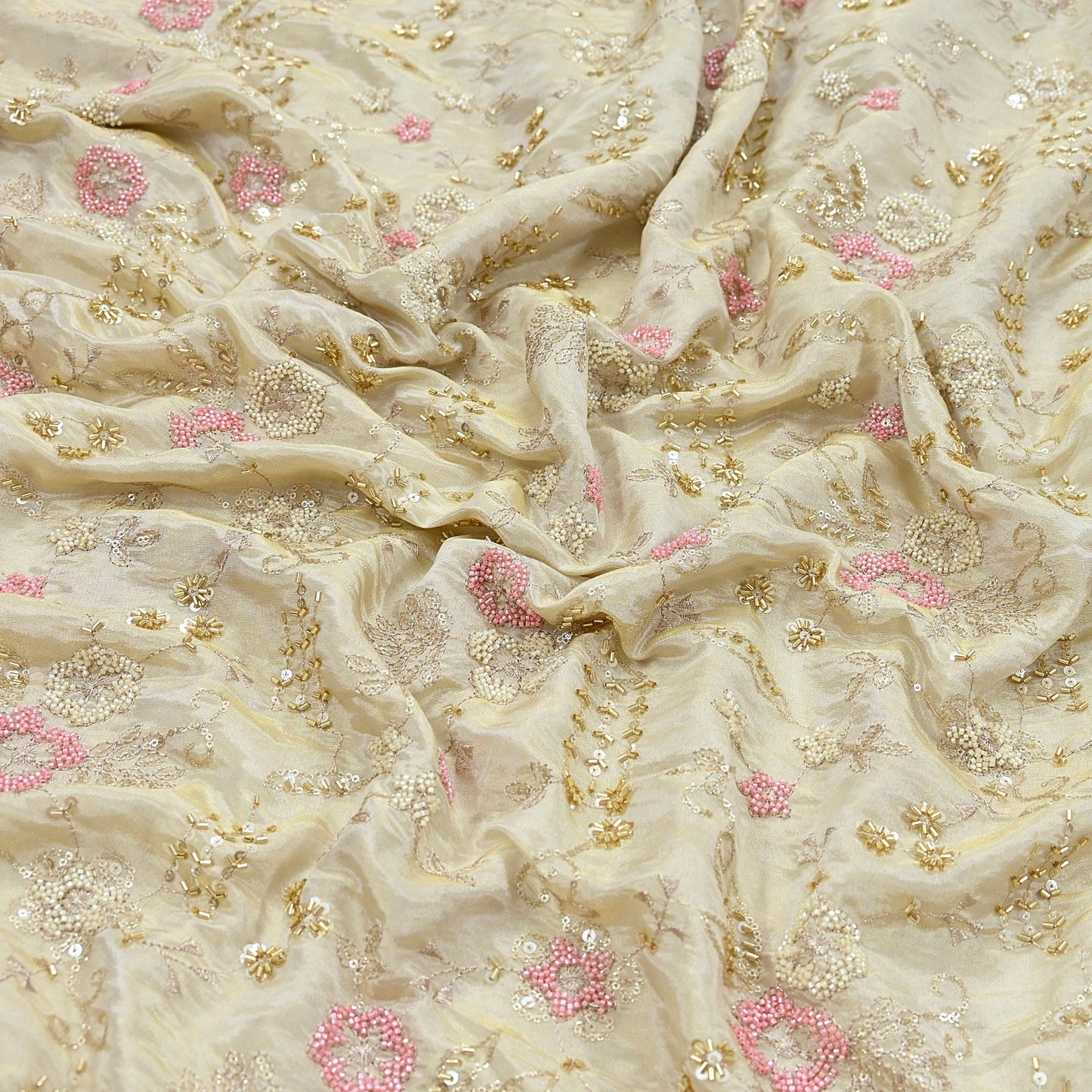 Indian new Ivory Gold Chanderi silk Embroidered Design Fabric glass beaded zari sequins Crafting Quilting Dress making Crafting