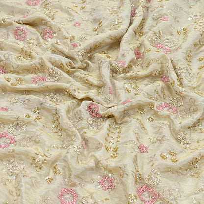 Indian new Ivory Gold Chanderi silk Embroidered Design Fabric glass beaded zari sequins Crafting Quilting Dress making Crafting