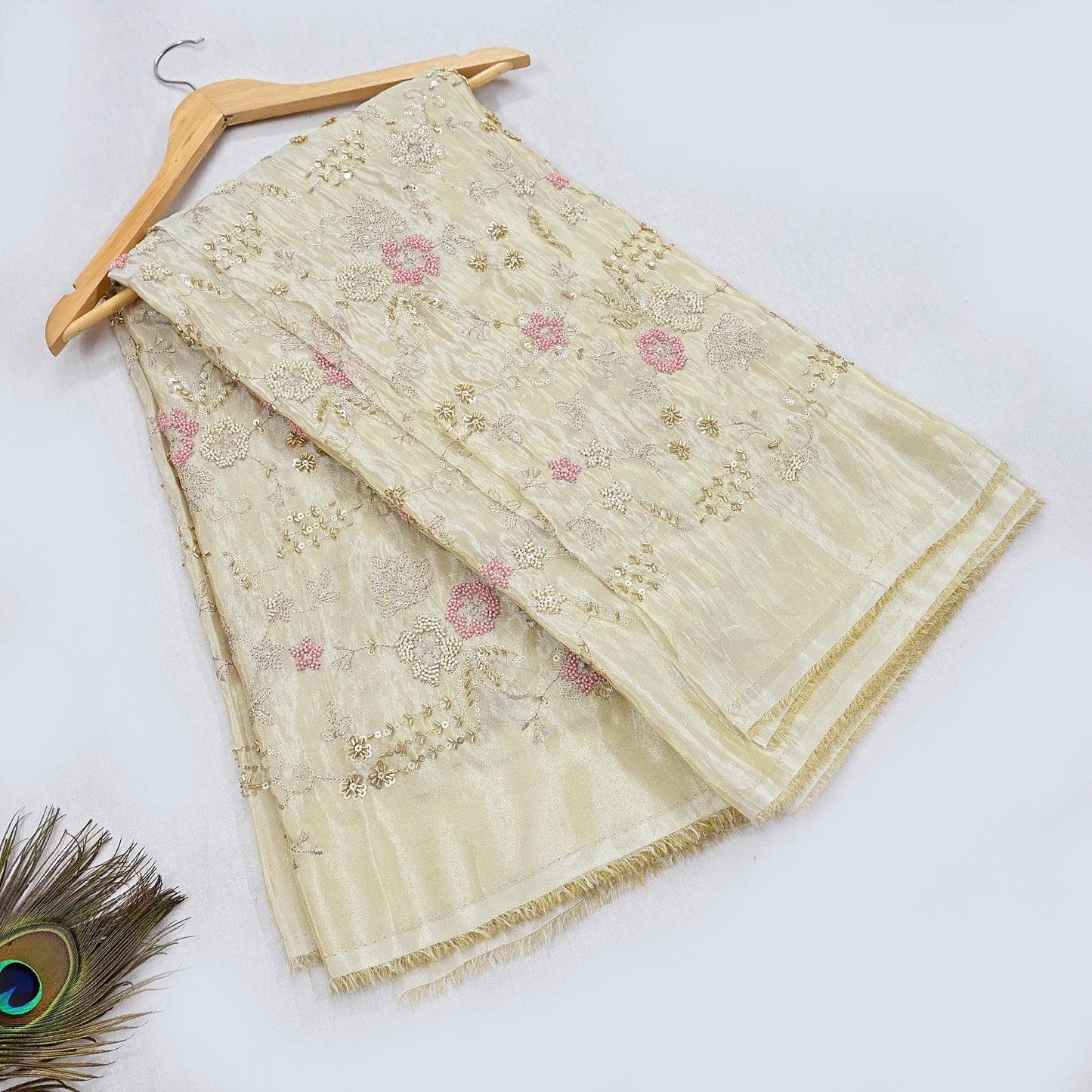 Indian new Ivory Gold Chanderi silk Embroidered Design Fabric glass beaded zari sequins Crafting Quilting Dress making Crafting