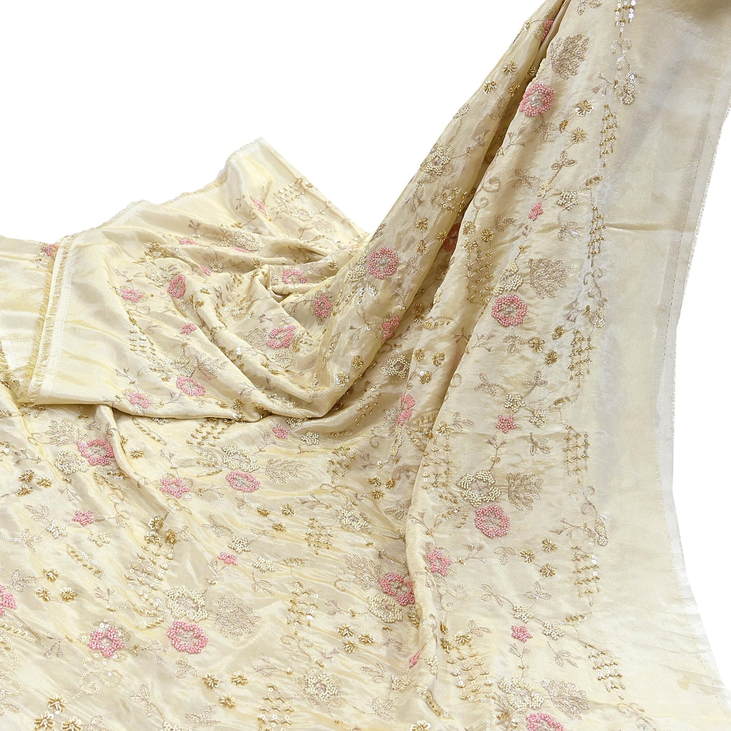 Indian new Ivory Gold Chanderi silk Embroidered Design Fabric glass beaded zari sequins Crafting Quilting Dress making Crafting