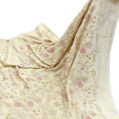 Indian new Ivory Gold Chanderi silk Embroidered Design Fabric glass beaded zari sequins Crafting Quilting Dress making Crafting