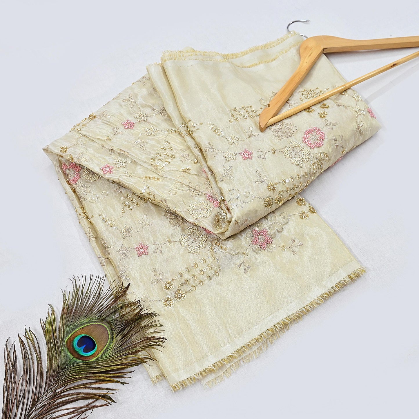 Indian new Ivory Gold Chanderi silk Embroidered Design Fabric glass beaded zari sequins Crafting Quilting Dress making Crafting