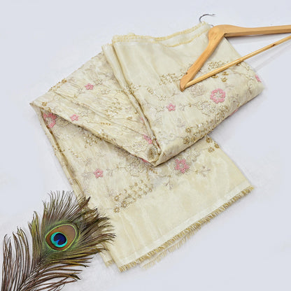Indian new Ivory Gold Chanderi silk Embroidered Design Fabric glass beaded zari sequins Crafting Quilting Dress making Crafting
