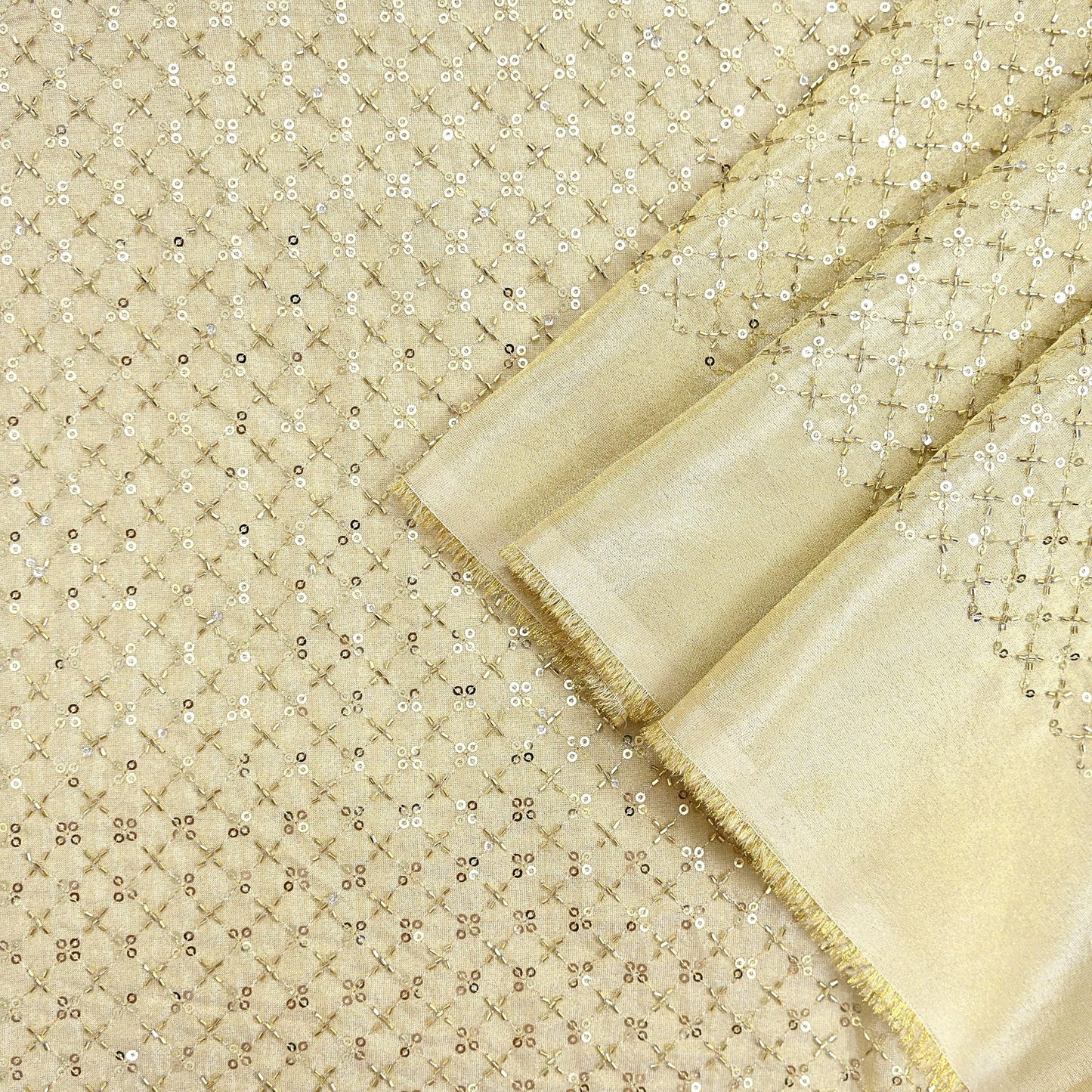 Indian new Ivory Gold Chanderi silk Embroidered Design Fabric glass beaded zari sequins Crafting Quilting Dress making Crafting