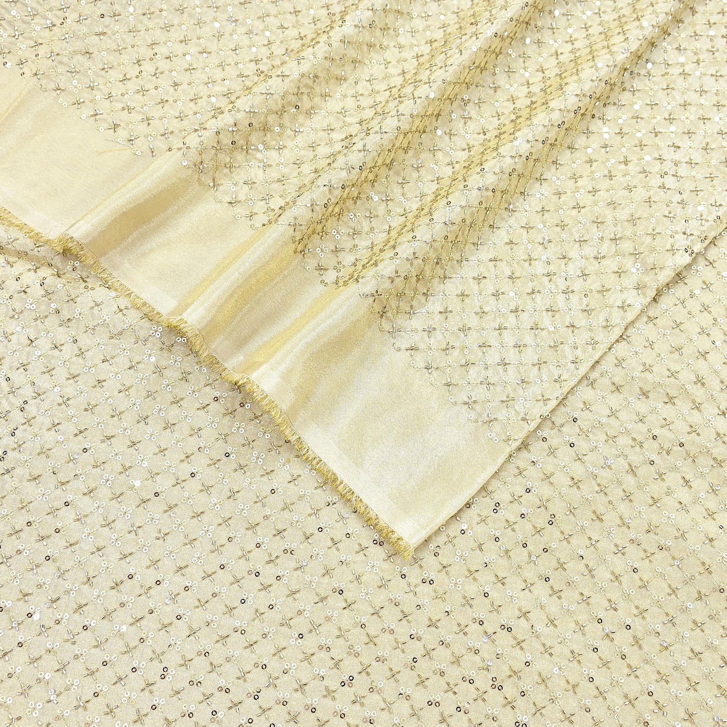 Indian new Ivory Gold Chanderi silk Embroidered Design Fabric glass beaded zari sequins Crafting Quilting Dress making Crafting