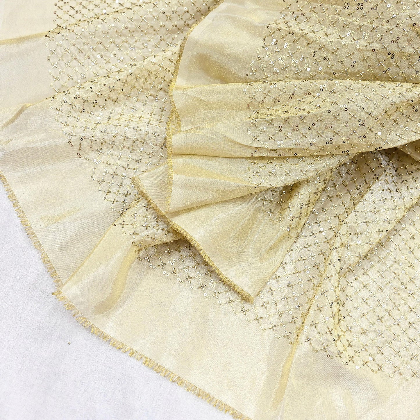 Indian new Ivory Gold Chanderi silk Embroidered Design Fabric glass beaded zari sequins Crafting Quilting Dress making Crafting