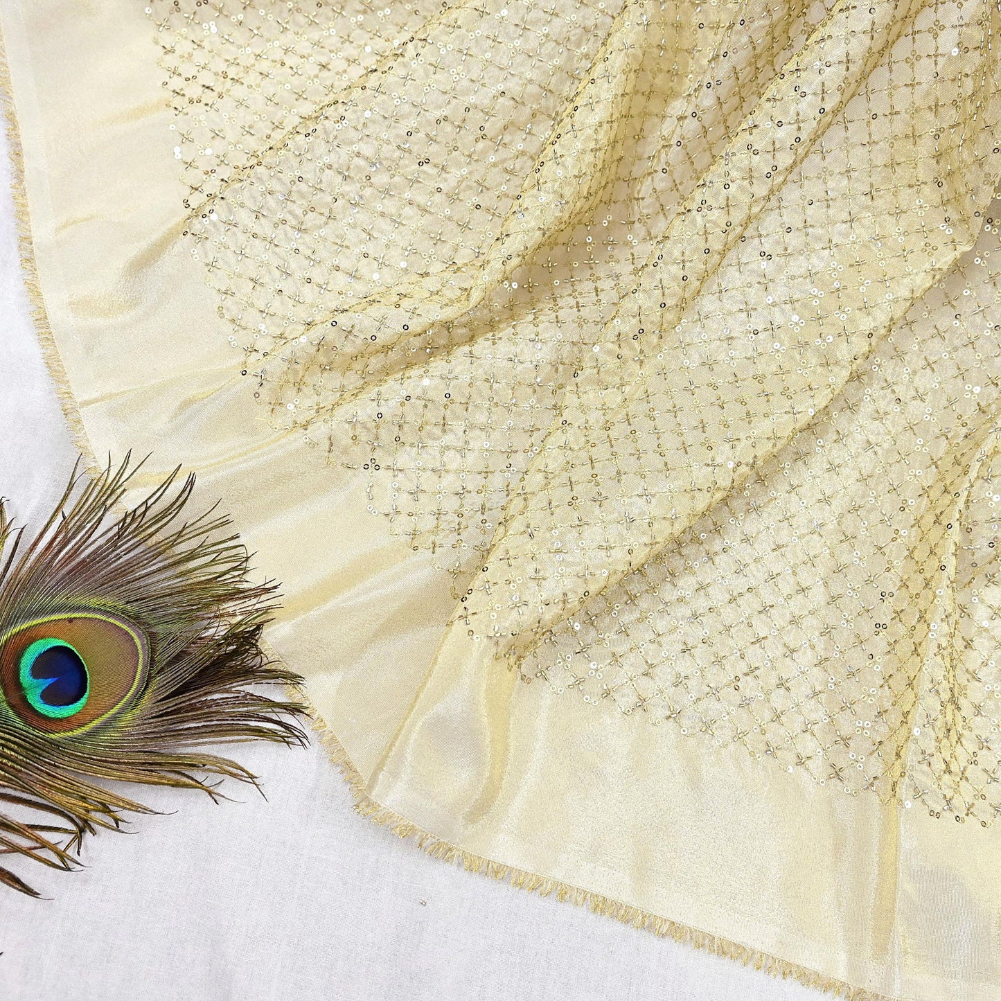 Indian new Ivory Gold Chanderi silk Embroidered Design Fabric glass beaded zari sequins Crafting Quilting Dress making Crafting