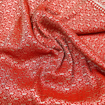 Indian Vintage Sari Hot Red Heavy Wedding Pure Satin Silk Woven Banarasi Brocade Saree Zari 5Yd Craft Fabric Ethnic Dress making Crafting