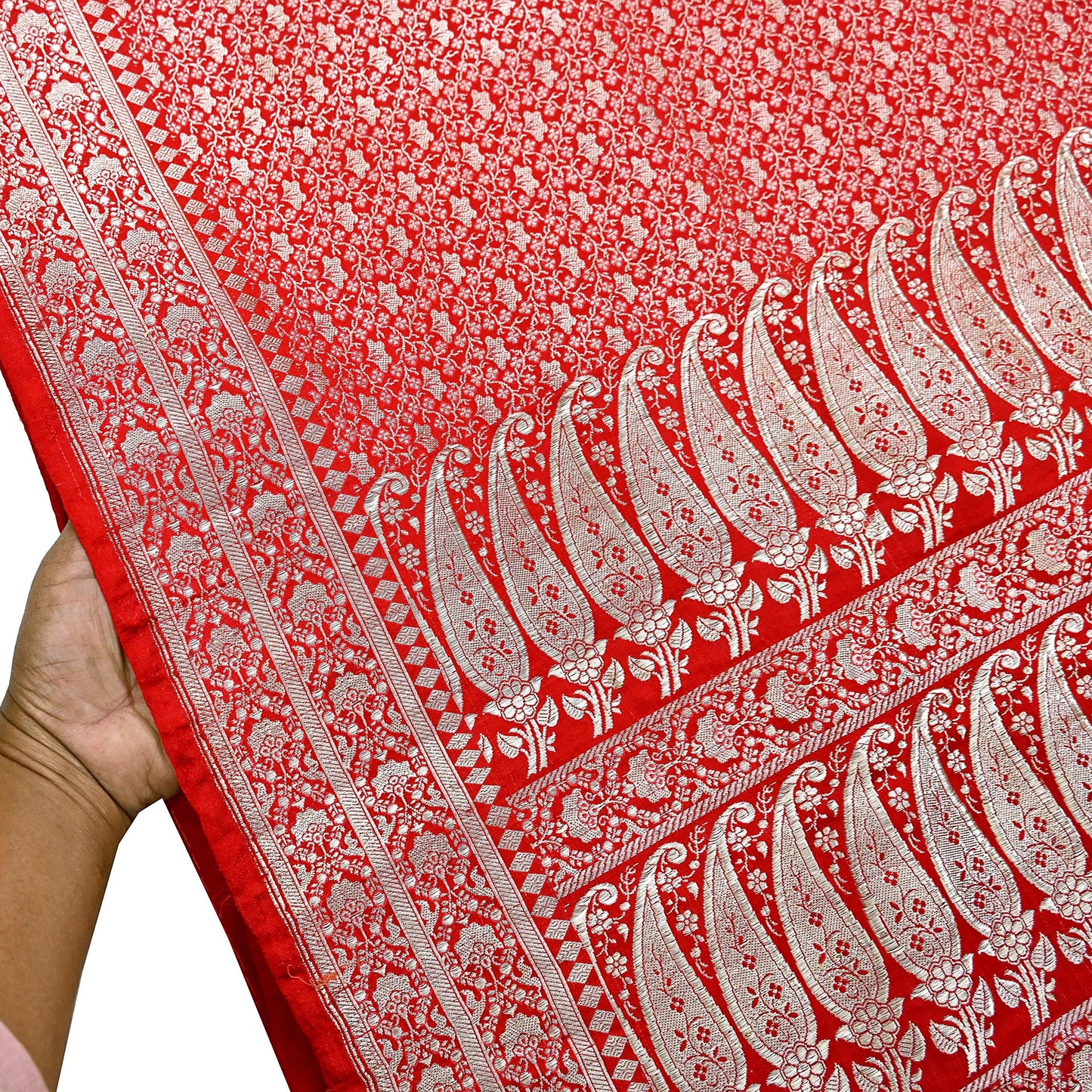 Indian Vintage Sari Hot Red Heavy Wedding Pure Satin Silk Woven Banarasi Brocade Saree Zari 5Yd Craft Fabric Ethnic Dress making Crafting