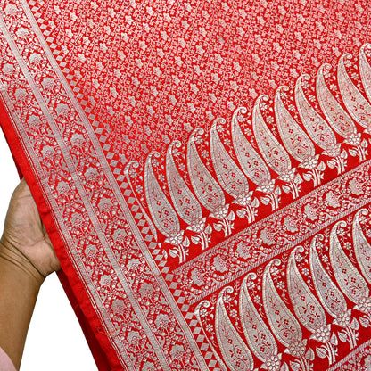 Indian Vintage Sari Hot Red Heavy Wedding Pure Satin Silk Woven Banarasi Brocade Saree Zari 5Yd Craft Fabric Ethnic Dress making Crafting