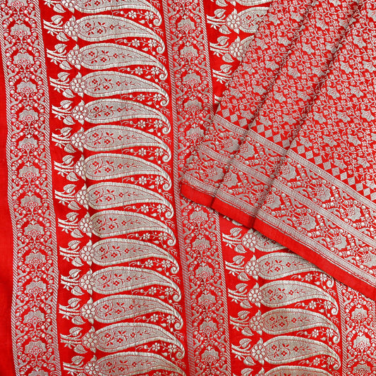Indian Vintage Sari Hot Red Heavy Wedding Pure Satin Silk Woven Banarasi Brocade Saree Zari 5Yd Craft Fabric Ethnic Dress making Crafting