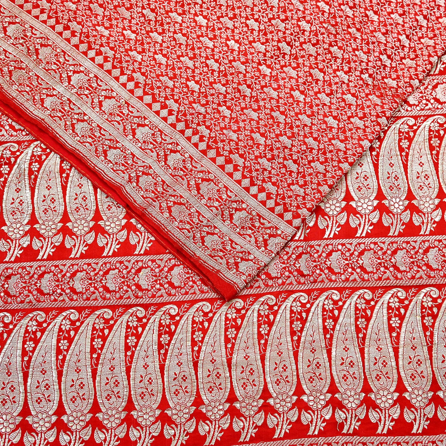 Indian Vintage Sari Hot Red Heavy Wedding Pure Satin Silk Woven Banarasi Brocade Saree Zari 5Yd Craft Fabric Ethnic Dress making Crafting