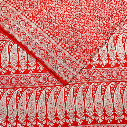 Indian Vintage Sari Hot Red Heavy Wedding Pure Satin Silk Woven Banarasi Brocade Saree Zari 5Yd Craft Fabric Ethnic Dress making Crafting