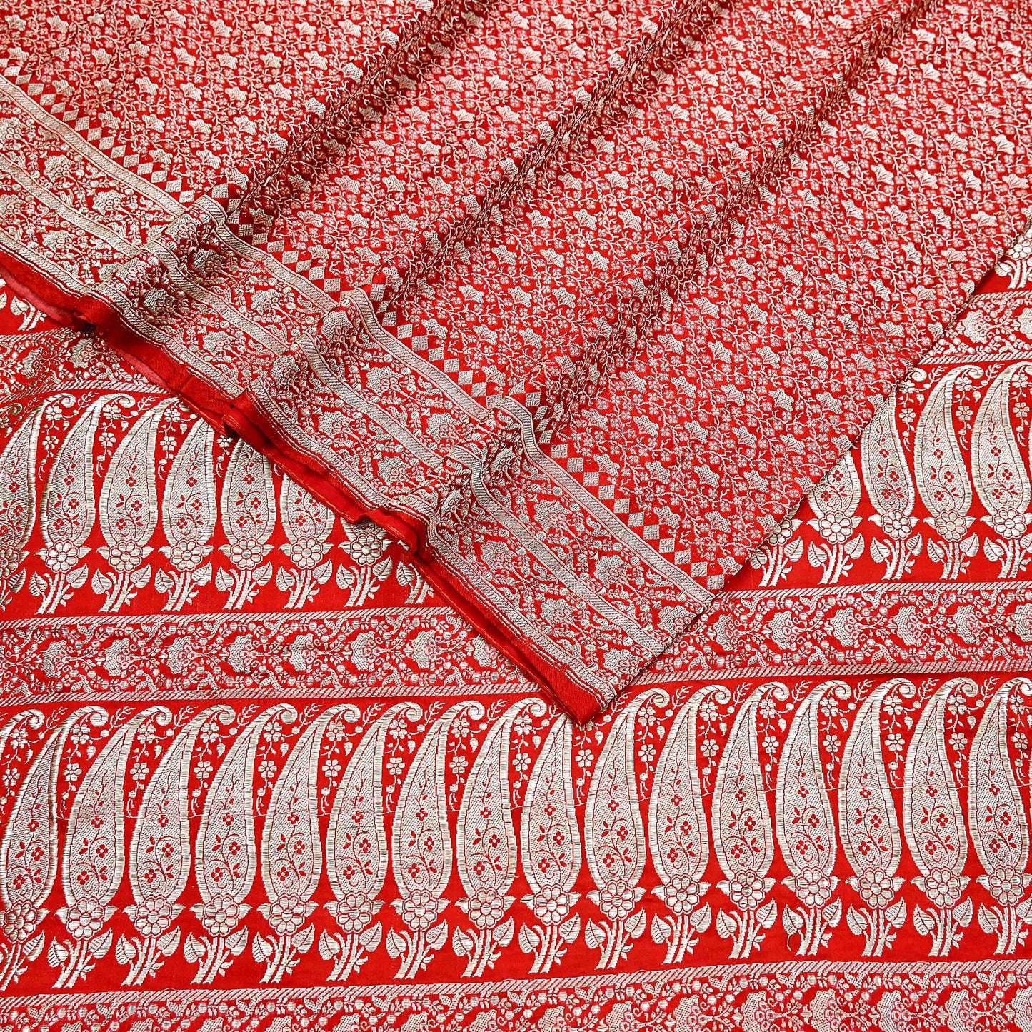 Indian Vintage Sari Hot Red Heavy Wedding Pure Satin Silk Woven Banarasi Brocade Saree Zari 5Yd Craft Fabric Ethnic Dress making Crafting