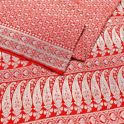 Indian Vintage Sari Hot Red Heavy Wedding Pure Satin Silk Woven Banarasi Brocade Saree Zari 5Yd Craft Fabric Ethnic Dress making Crafting