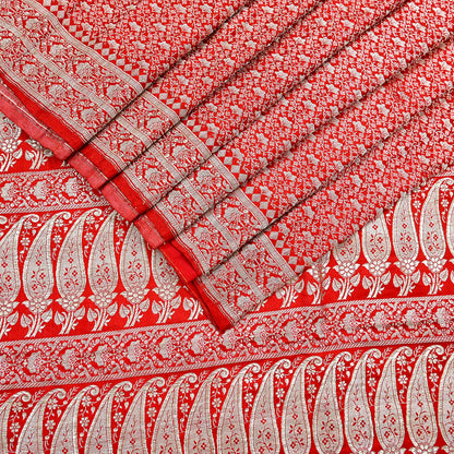 Indian Vintage Sari Hot Red Heavy Wedding Pure Satin Silk Woven Banarasi Brocade Saree Zari 5Yd Craft Fabric Ethnic Dress making Crafting