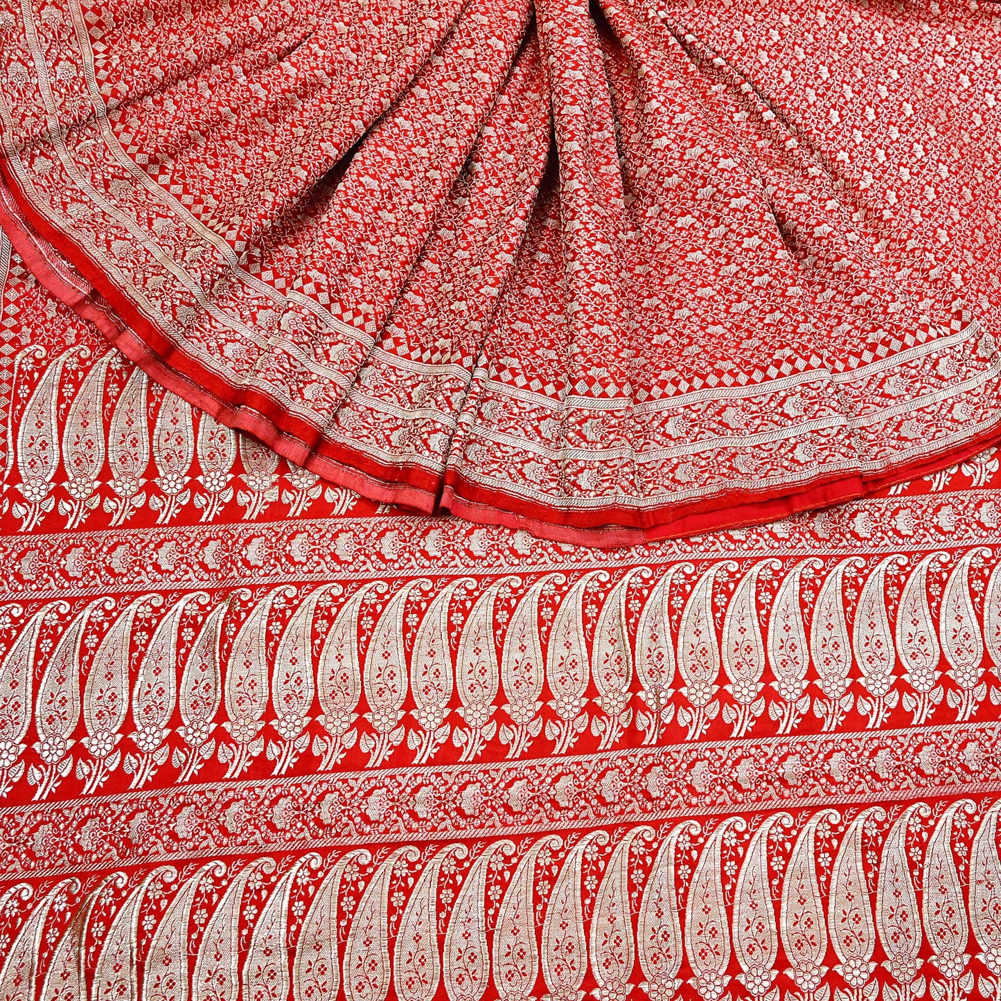 Indian Vintage Sari Hot Red Heavy Wedding Pure Satin Silk Woven Banarasi Brocade Saree Zari 5Yd Craft Fabric Ethnic Dress making Crafting
