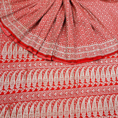 Indian Vintage Sari Hot Red Heavy Wedding Pure Satin Silk Woven Banarasi Brocade Saree Zari 5Yd Craft Fabric Ethnic Dress making Crafting