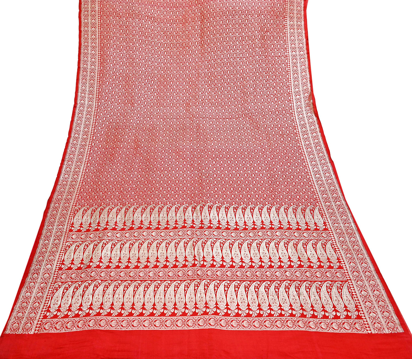 Indian Vintage Sari Hot Red Heavy Wedding Pure Satin Silk Woven Banarasi Brocade Saree Zari 5Yd Craft Fabric Ethnic Dress making Crafting