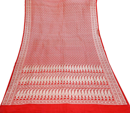 Indian Vintage Sari Hot Red Heavy Wedding Pure Satin Silk Woven Banarasi Brocade Saree Zari 5Yd Craft Fabric Ethnic Dress making Crafting