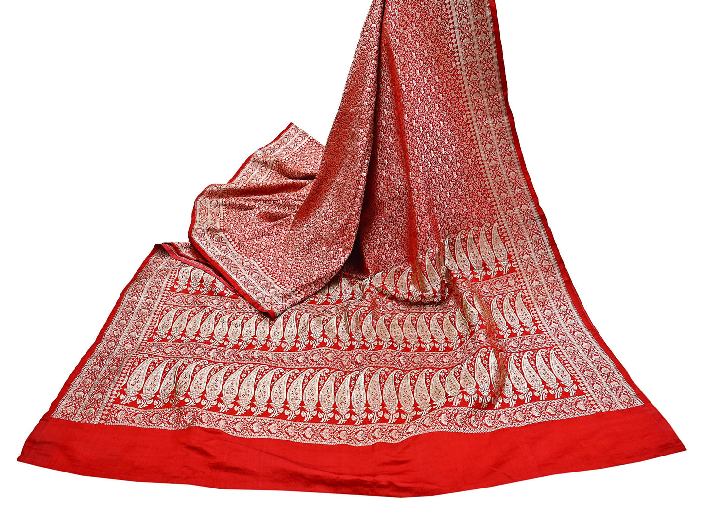 Indian Vintage Sari Hot Red Heavy Wedding Pure Satin Silk Woven Banarasi Brocade Saree Zari 5Yd Craft Fabric Ethnic Dress making Crafting
