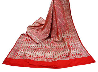 Indian Vintage Sari Hot Red Heavy Wedding Pure Satin Silk Woven Banarasi Brocade Saree Zari 5Yd Craft Fabric Ethnic Dress making Crafting