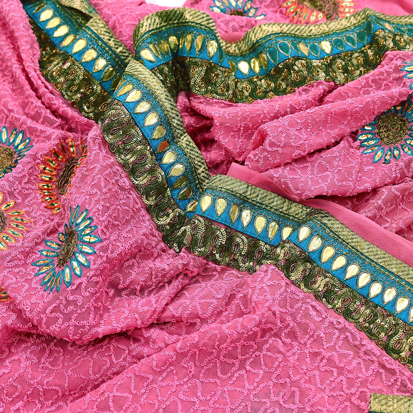 Indian Vintage Heavy Sarees Pink Pure Georgette Silk Hand Embroidered Sari Fabric 6Yd Sewing Ethnic Zardozi/dabka zari Wedding sarees
