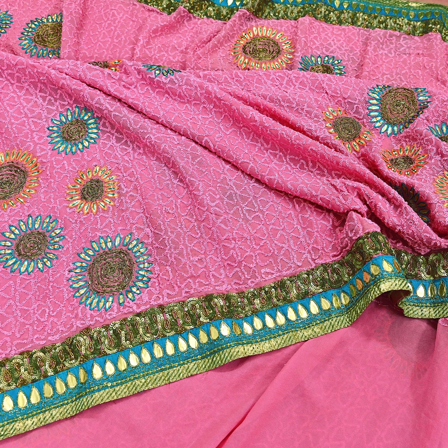 Indian Vintage Heavy Sarees Pink Pure Georgette Silk Hand Embroidered Sari Fabric 6Yd Sewing Ethnic Zardozi/dabka zari Wedding sarees