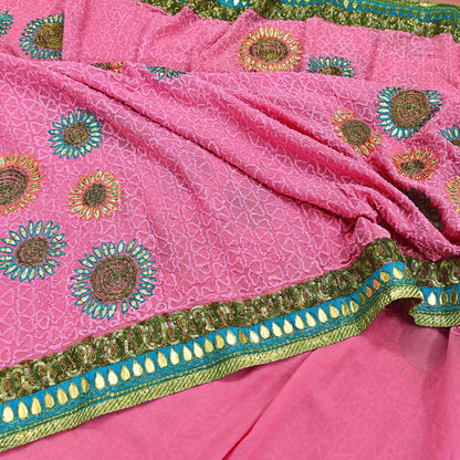 Indian Vintage Heavy Sarees Pink Pure Georgette Silk Hand Embroidered Sari Fabric 6Yd Sewing Ethnic Zardozi/dabka zari Wedding sarees