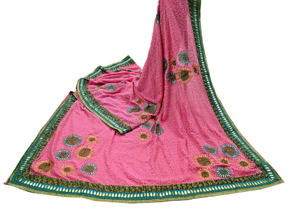 Indian Vintage Heavy Sarees Pink Pure Georgette Silk Hand Embroidered Sari Fabric 6Yd Sewing Ethnic Zardozi/dabka zari Wedding sarees
