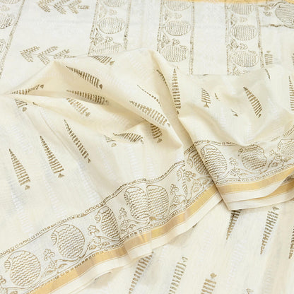 Indian Vintage Sari Ivory Block Painted Pure Cotton Saree Craft Fabric 5Yd Sewing Sarong Wrap Boho Floral Crafting Upcycle Quilting Zari