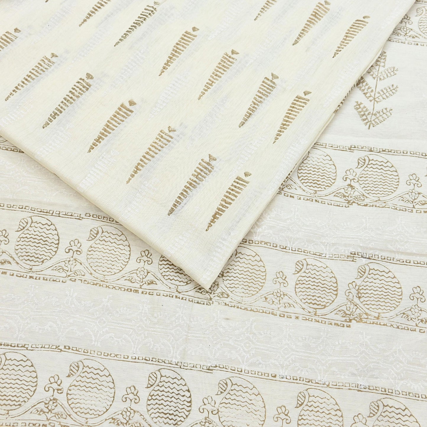 Indian Vintage Sari Ivory Block Painted Pure Cotton Saree Craft Fabric 5Yd Sewing Sarong Wrap Boho Floral Crafting Upcycle Quilting Zari