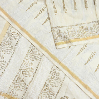 Indian Vintage Sari Ivory Block Painted Pure Cotton Saree Craft Fabric 5Yd Sewing Sarong Wrap Boho Floral Crafting Upcycle Quilting Zari