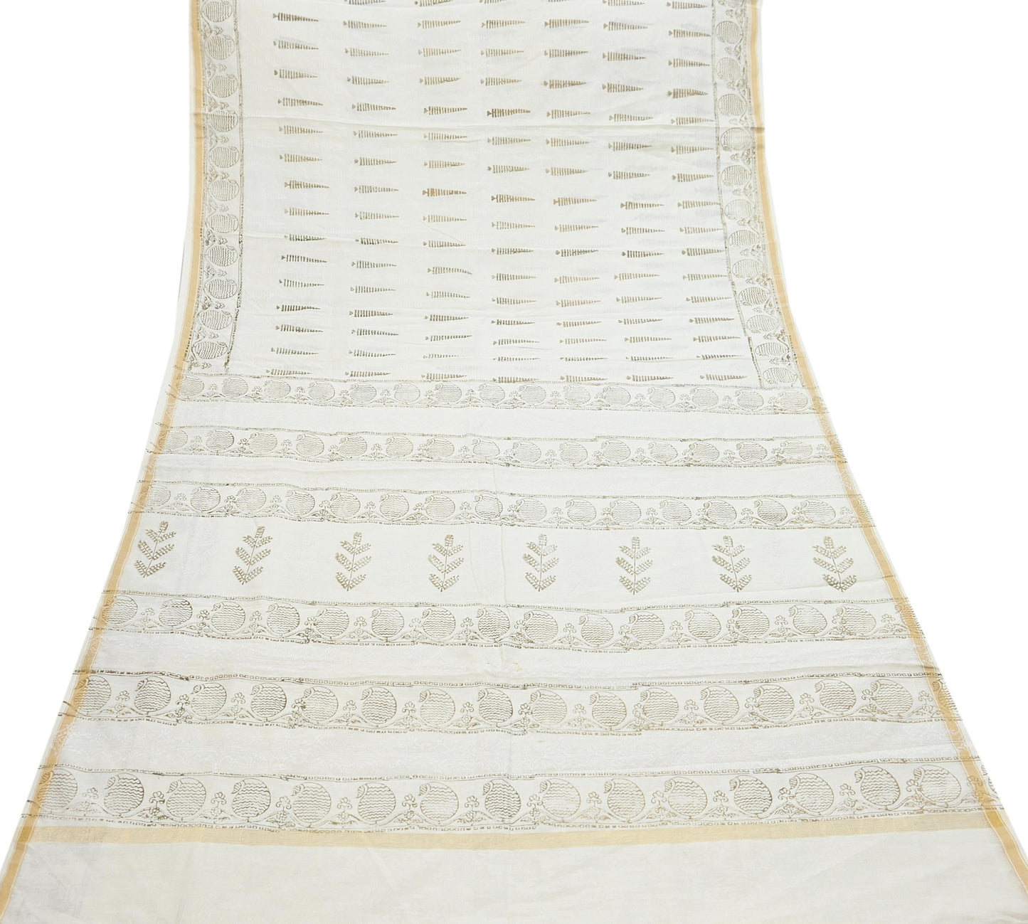 Indian Vintage Sari Ivory Block Painted Pure Cotton Saree Craft Fabric 5Yd Sewing Sarong Wrap Boho Floral Crafting Upcycle Quilting Zari