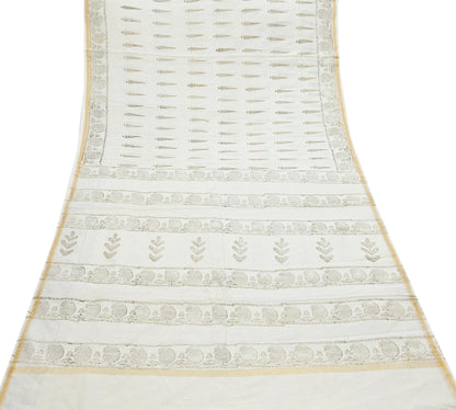 Indian Vintage Sari Ivory Block Painted Pure Cotton Saree Craft Fabric 5Yd Sewing Sarong Wrap Boho Floral Crafting Upcycle Quilting Zari