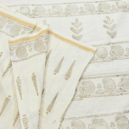 Indian Vintage Sari Ivory Block Painted Pure Cotton Saree Craft Fabric 5Yd Sewing Sarong Wrap Boho Floral Crafting Upcycle Quilting Zari