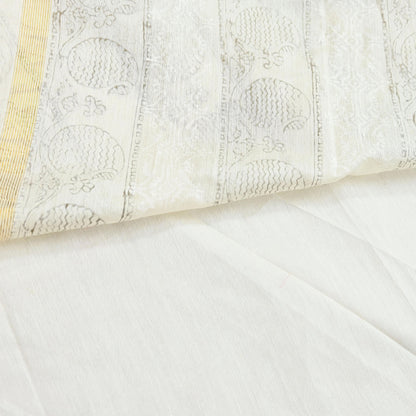 Indian Vintage Sari Ivory Block Painted Pure Cotton Saree Craft Fabric 5Yd Sewing Sarong Wrap Boho Floral Crafting Upcycle Quilting Zari