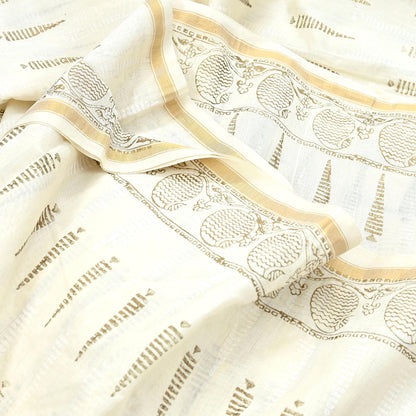 Indian Vintage Sari Ivory Block Painted Pure Cotton Saree Craft Fabric 5Yd Sewing Sarong Wrap Boho Floral Crafting Upcycle Quilting Zari