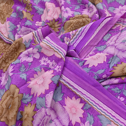 Indian Vintage Sari Purple Pure Crepe Silk Printed Saree 5yard Sewing Quilting Floral Soft Craft Fabric Wrap