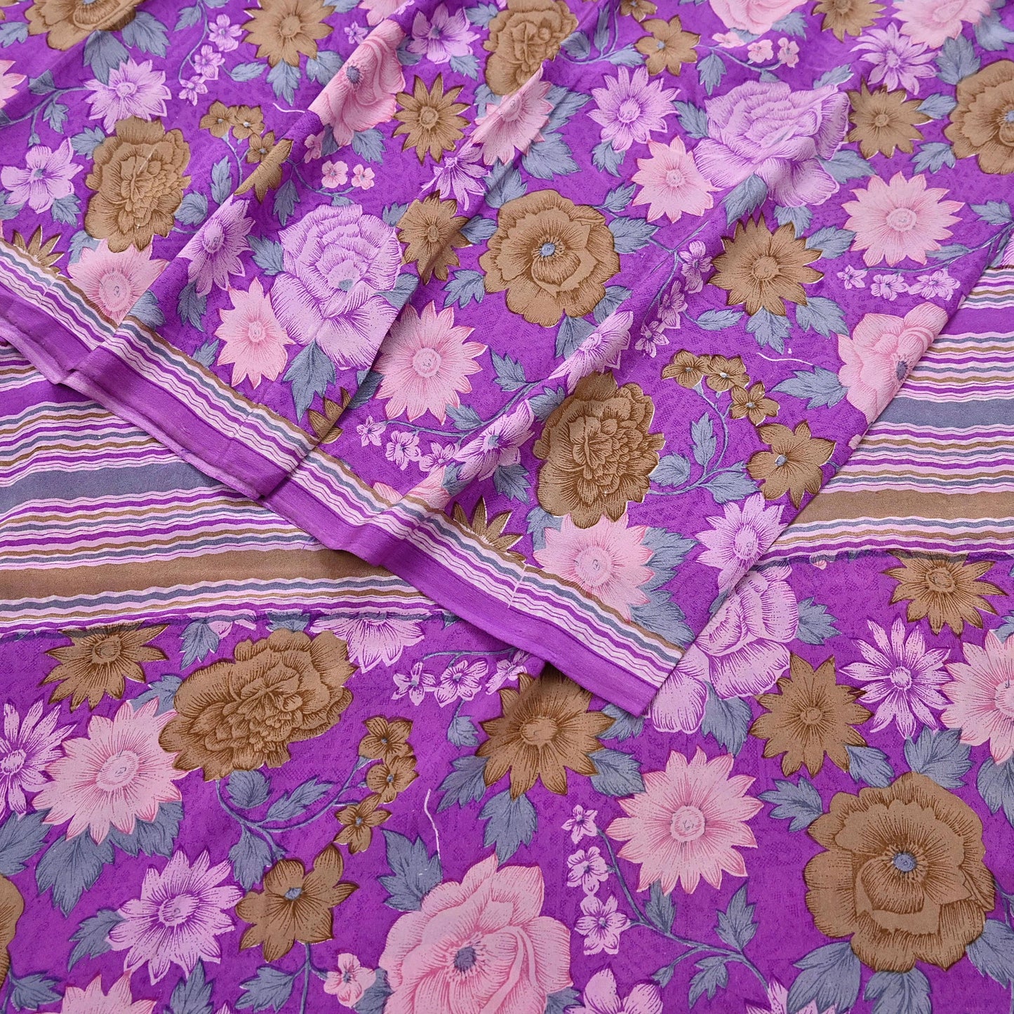 Indian Vintage Sari Purple Pure Crepe Silk Printed Saree 5yard Sewing Quilting Floral Soft Craft Fabric Wrap