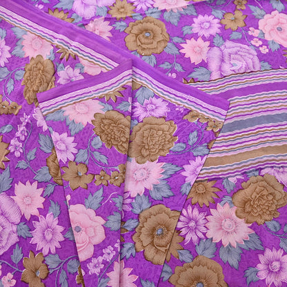 Indian Vintage Sari Purple Pure Crepe Silk Printed Saree 5yard Sewing Quilting Floral Soft Craft Fabric Wrap